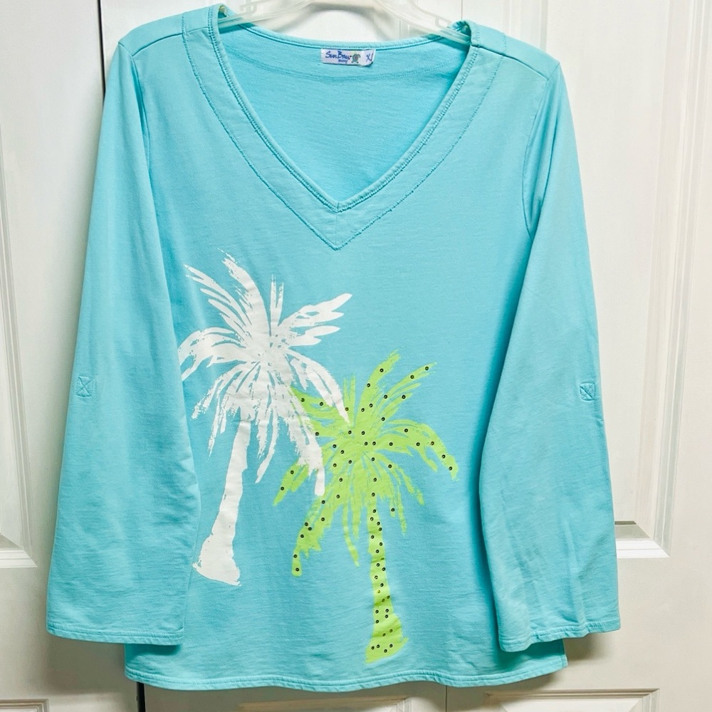 Sun Bay Sea Breeze Palm V-Neck Hoodie Top - Aqua Size XL